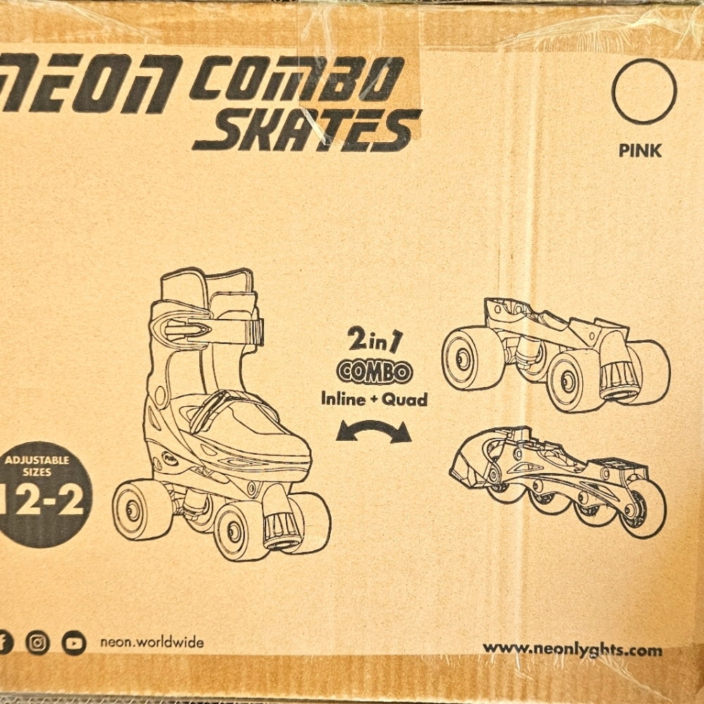 NEW IN BOX - kids size 12-2 pink adjustable 2-in-1 roller skates